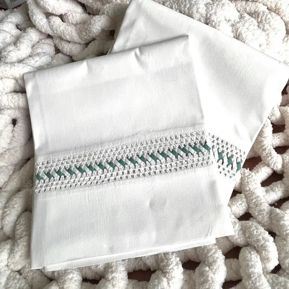 Set of 2 Vintage White Pillowcases Crocheted Lace Inset with Woven Green Ribbon